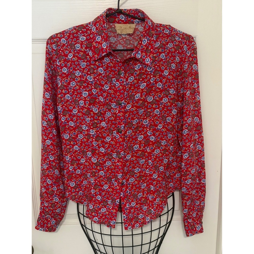 Vintage 90s New Frontier Red Floral Paisley Western Button Down Shirt Sz S